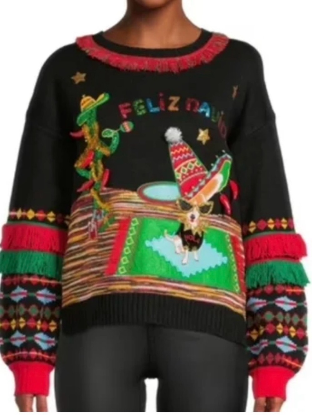 Women’s Sz M Feliz Navidad Ugly Christmas Sweater Mexican Chihuahua Cactus Hola